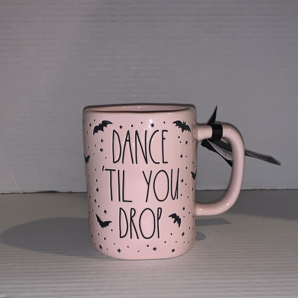 Rae Dunn Dance Till You Drop Pink Skeleton Bats Halloween Mug New